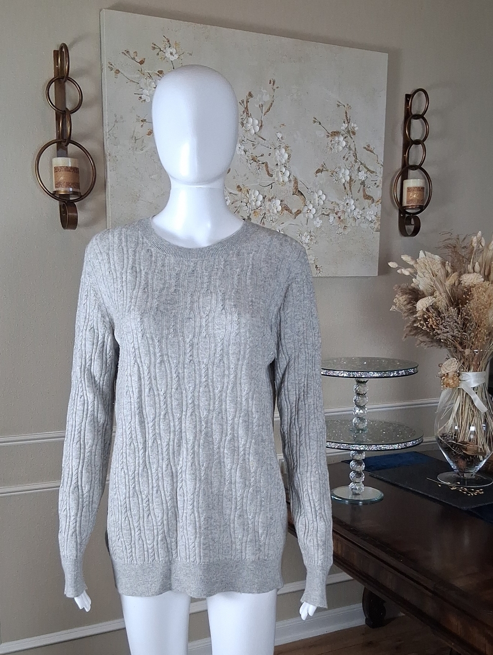 Women's Cable-Knit Crewneck Light Gray Merino Cashemere Blend Large - Picture 6 of 17